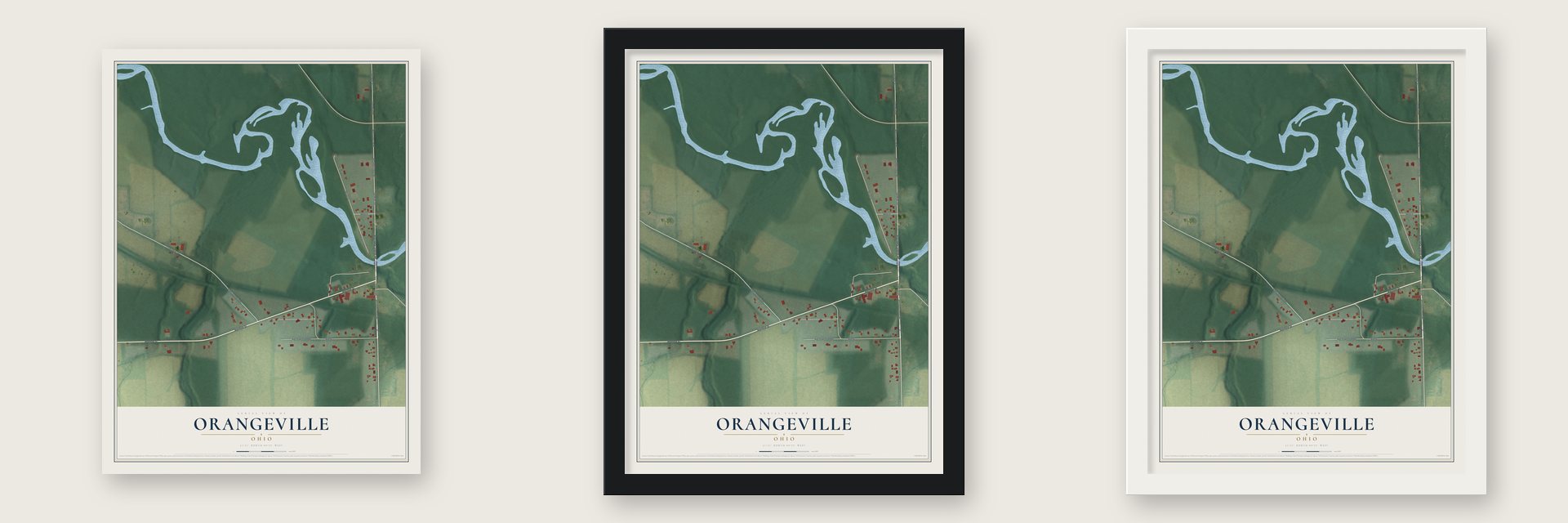 Orangeville, Ohio map unframed, in a black wood frame and in a white wood frame