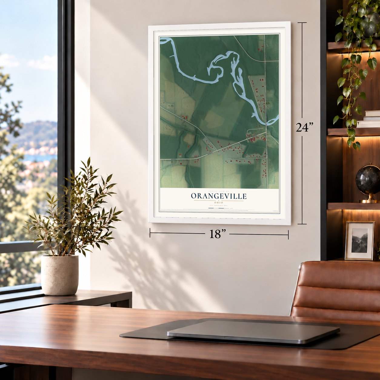Orangeville, Ohio map, 18 x 24 inch print in a white frame in a home office