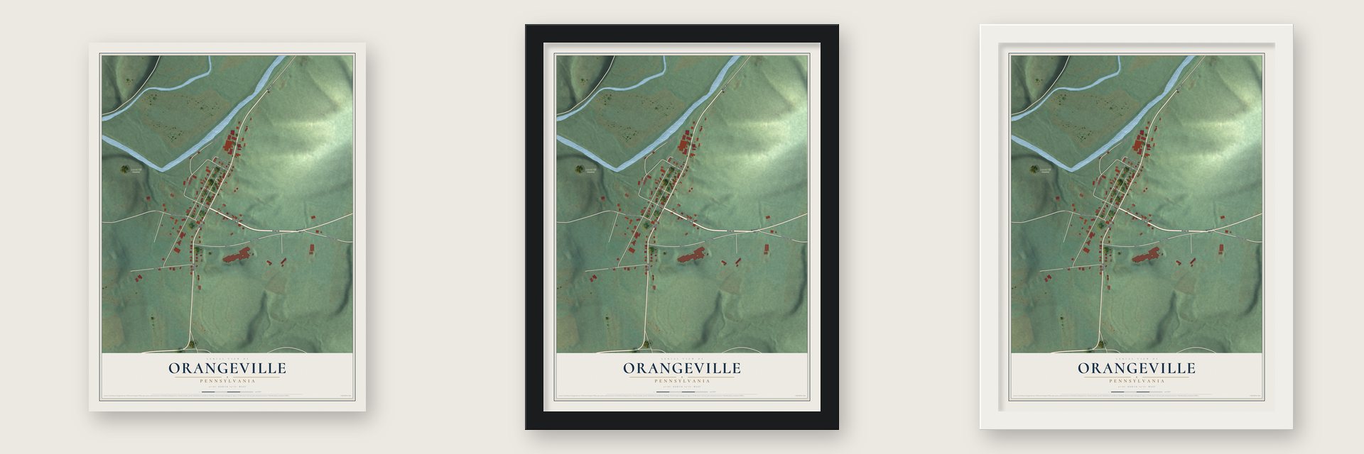 Orangeville, Pennsylvania map unframed, in a black wood frame and in a white wood frame