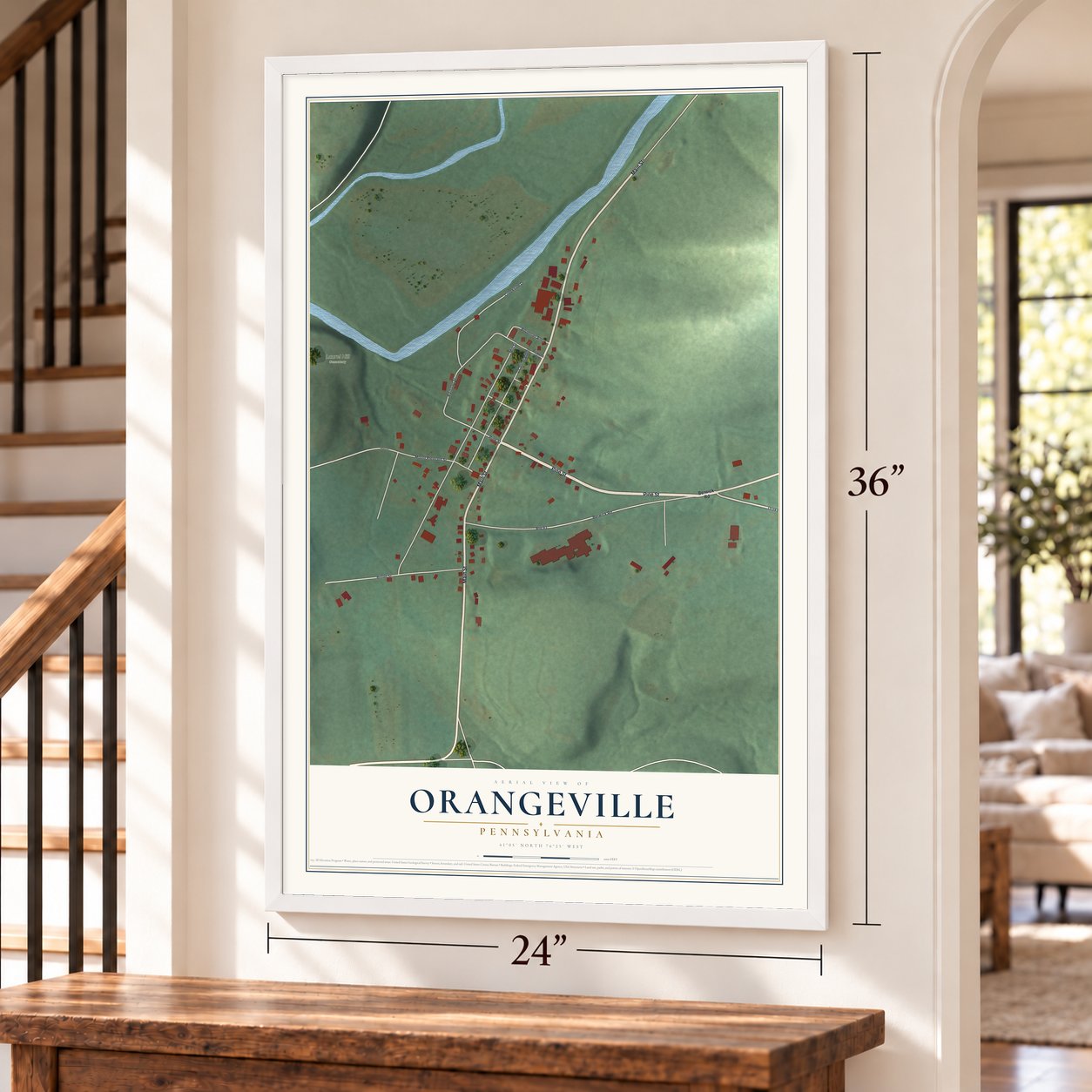 Orangeville, Pennsylvania map, 24 x 36 inch print in a white frame by a staircase