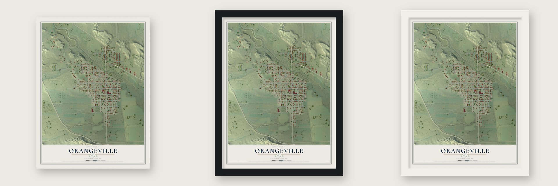 Orangeville, Utah map unframed, in a black wood frame and in a white wood frame