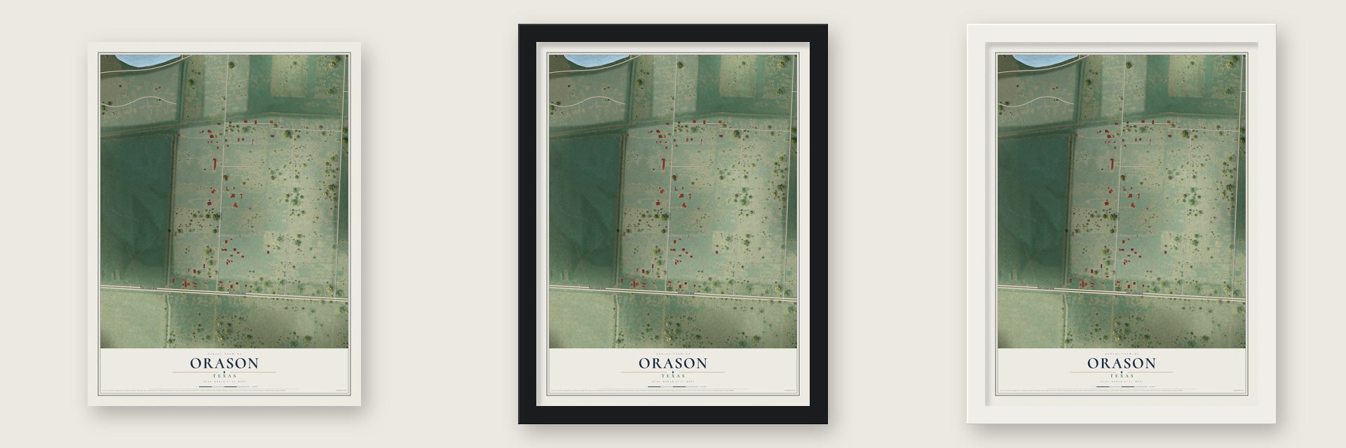 Orason, Texas map unframed, in a black wood frame and in a white wood frame