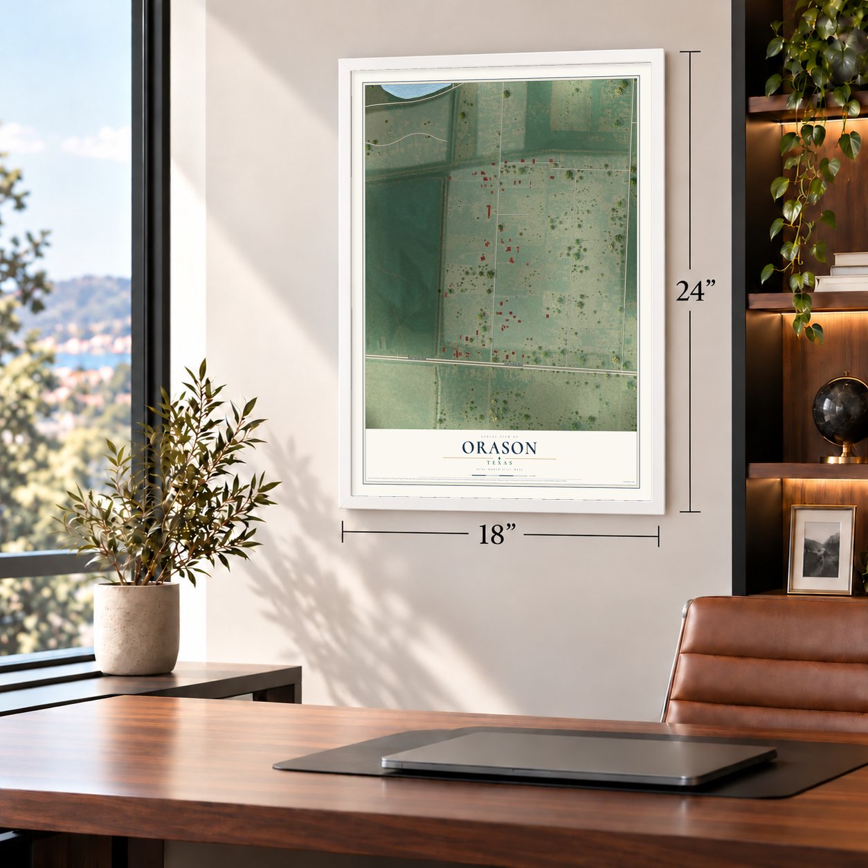 Orason, Texas map, 18 x 24 inch print in a white frame in a home office