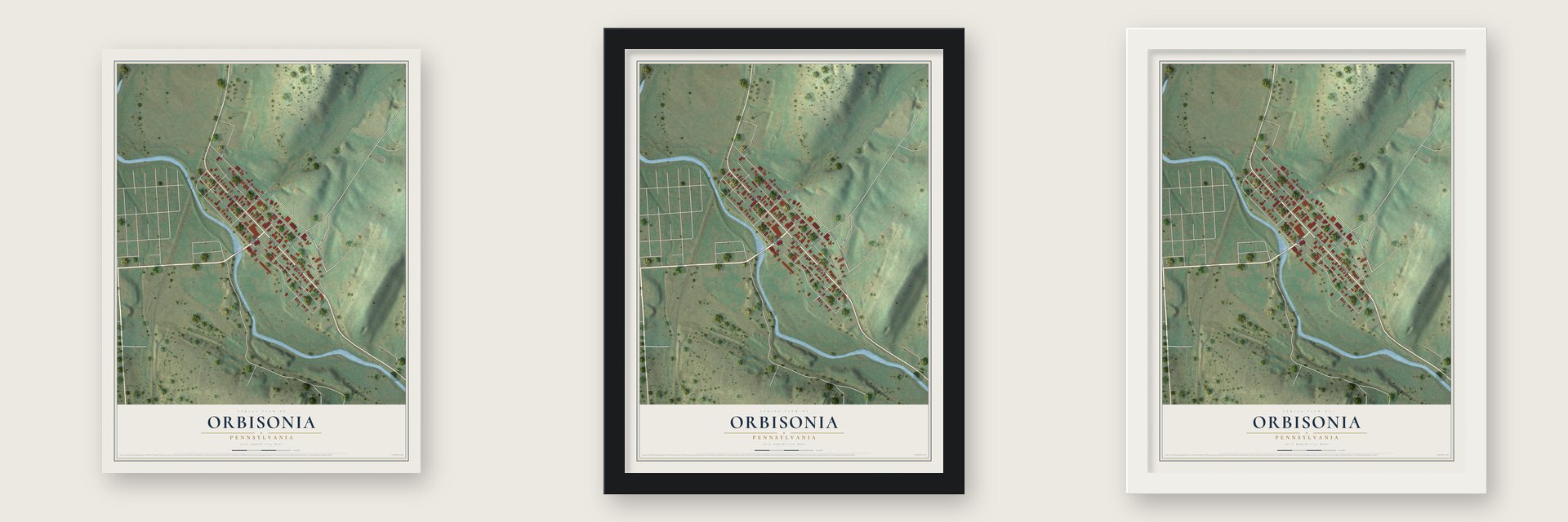 Orbisonia, Pennsylvania map unframed, in a black wood frame and in a white wood frame