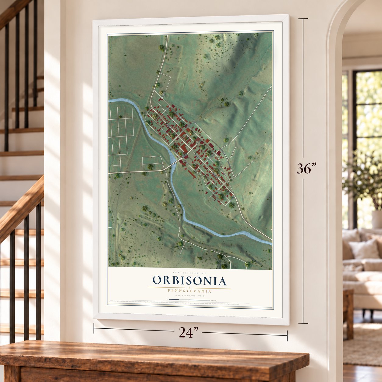 Orbisonia, Pennsylvania map, 24 x 36 inch print in a white frame by a staircase