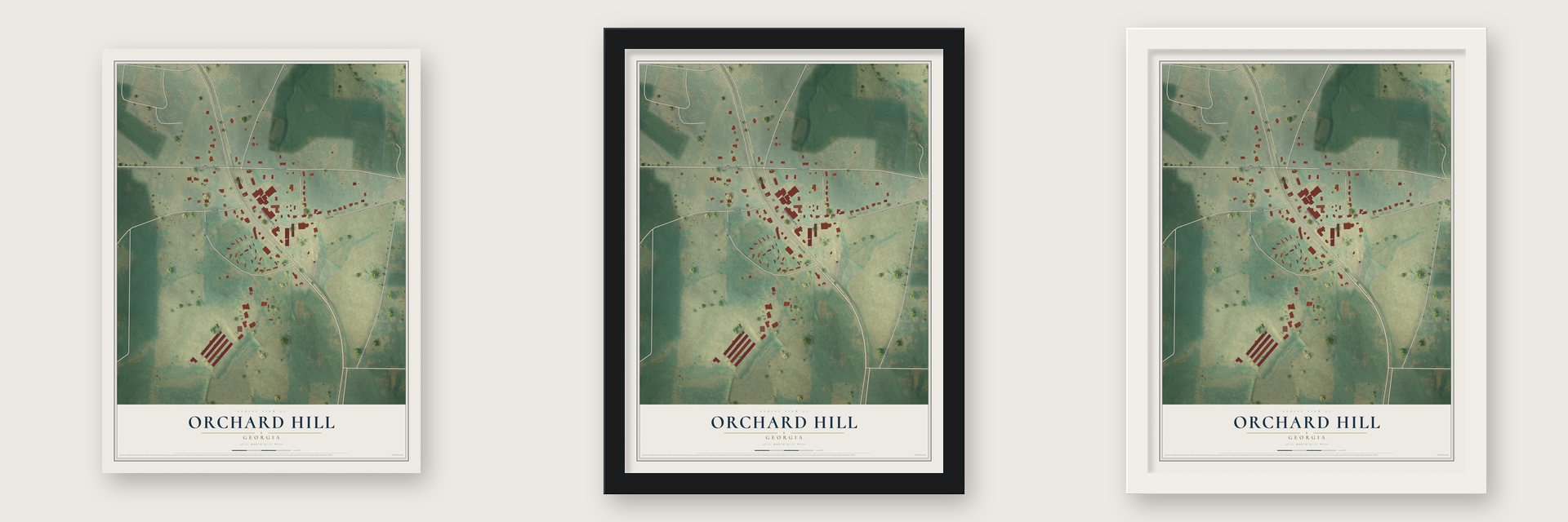 Orchard Hill, Georgia map unframed, in a black wood frame and in a white wood frame