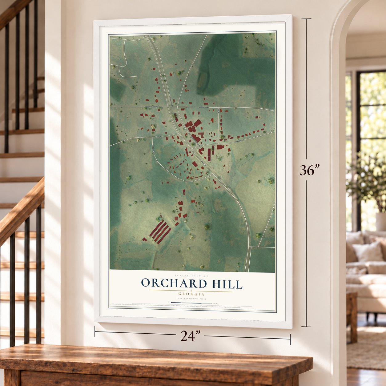 Orchard Hill, Georgia map, 24 x 36 inch print in a white frame by a staircase
