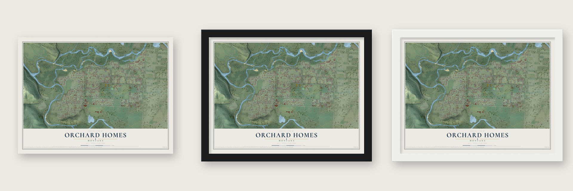 Orchard Homes, Montana map unframed, in a black wood frame and in a white wood frame