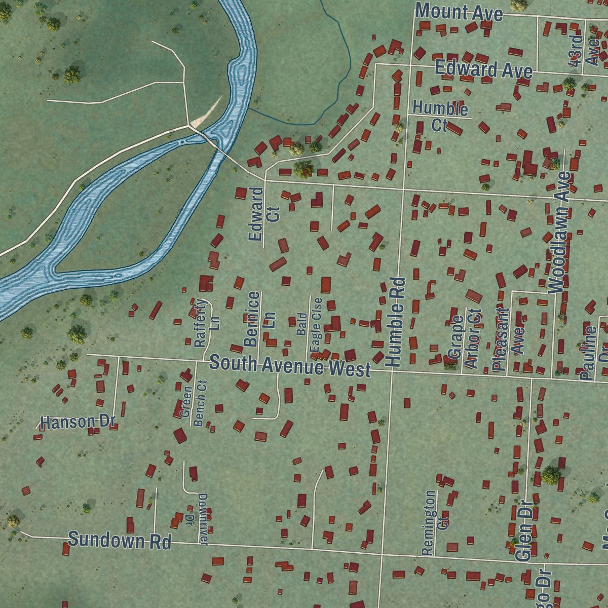 Second close-up of the map of Orchard Homes, Montana print showing more streets and buildings