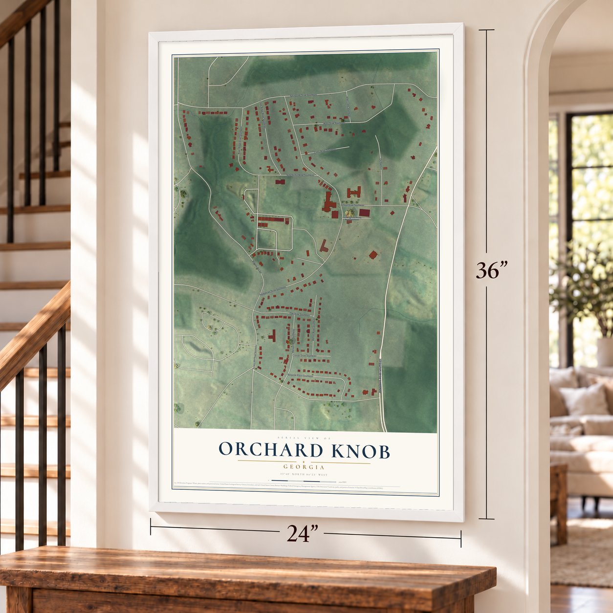 Orchard Knob, Georgia map, 24 x 36 inch print in a white frame by a staircase
