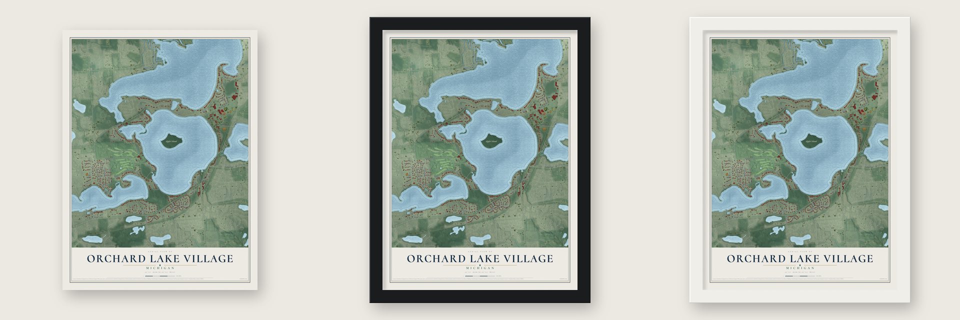 Orchard Lake Village, Michigan map unframed, in a black wood frame and in a white wood frame