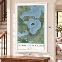Orchard Lake Village, Michigan map, 24 x 36 inch print in a white frame by a staircase