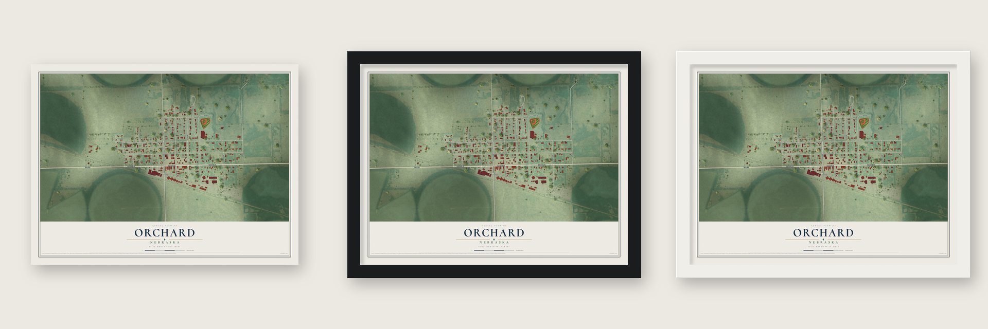 Orchard, Nebraska map unframed, in a black wood frame and in a white wood frame