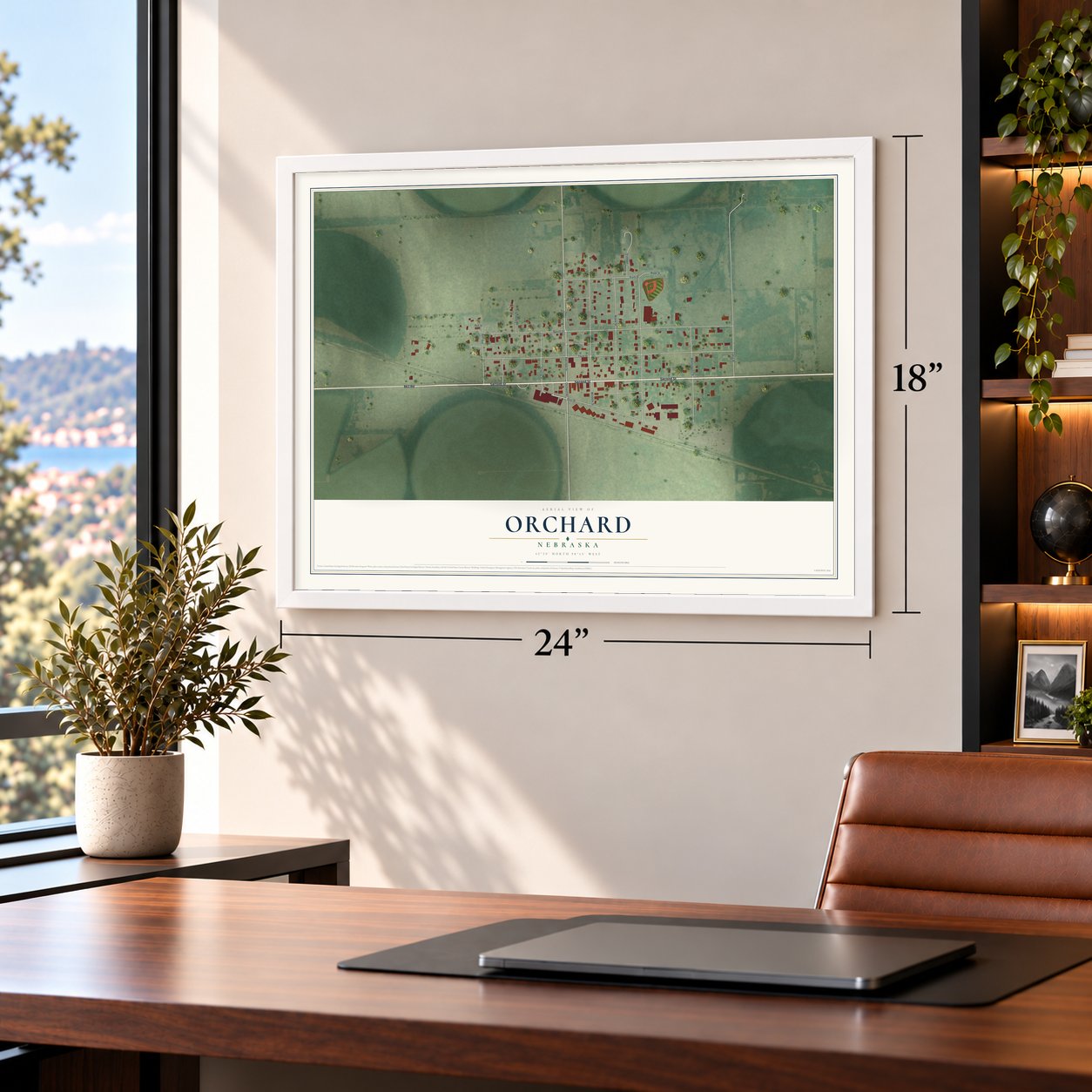 Orchard, Nebraska map, 18 x 24 inch print in a white frame in a home office