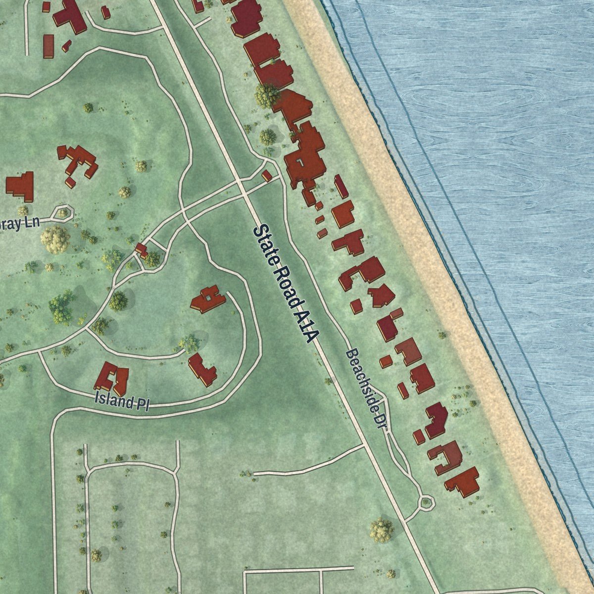 Second close-up of the map of Orchid, Florida print showing more streets and buildings