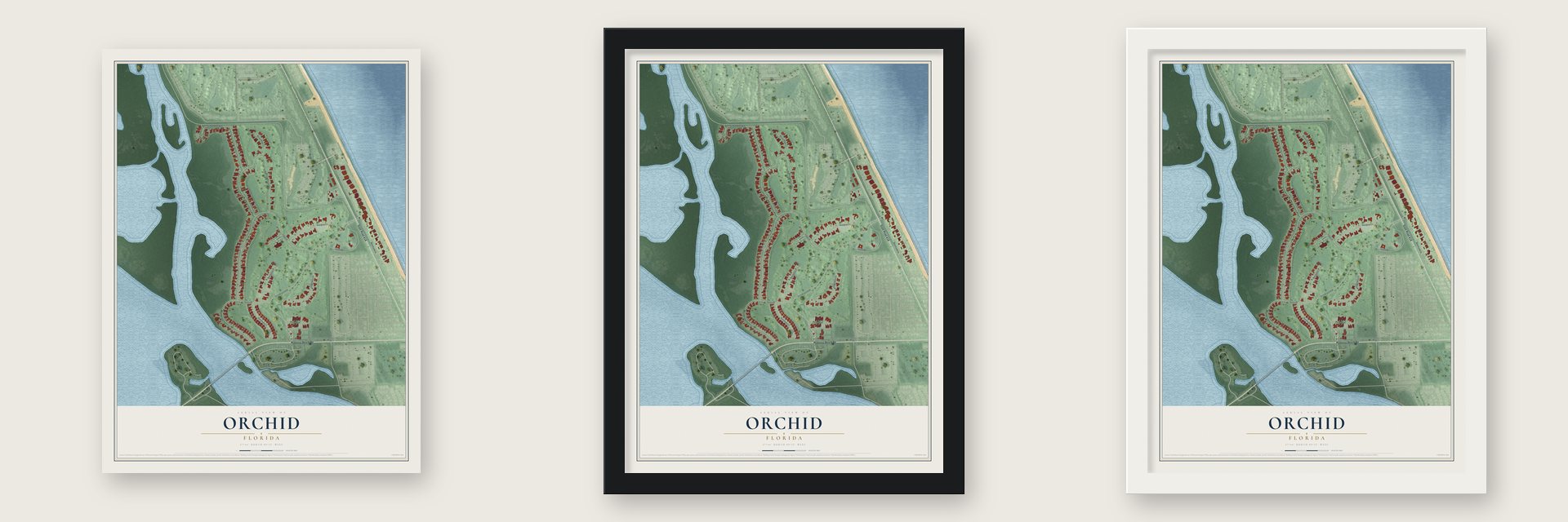Orchid, Florida map unframed, in a black wood frame and in a white wood frame