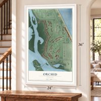 Orchid, Florida map, 24 x 36 inch print in a white frame by a staircase