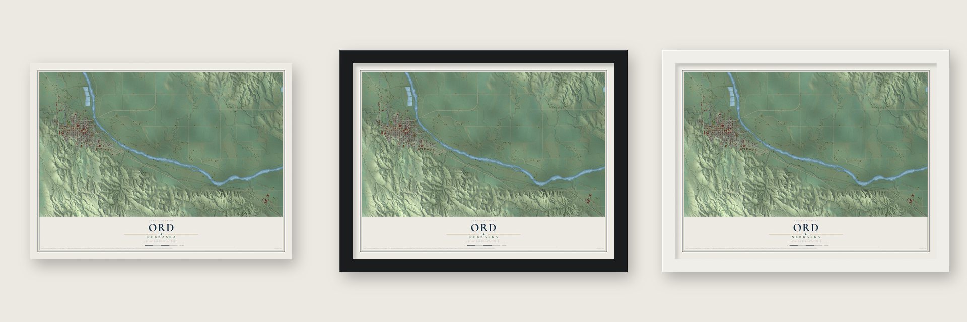 Ord, Nebraska map unframed, in a black wood frame and in a white wood frame