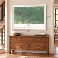 Ord, Nebraska map, 24 x 36 inch print in a white frame above a dresser by a staircase