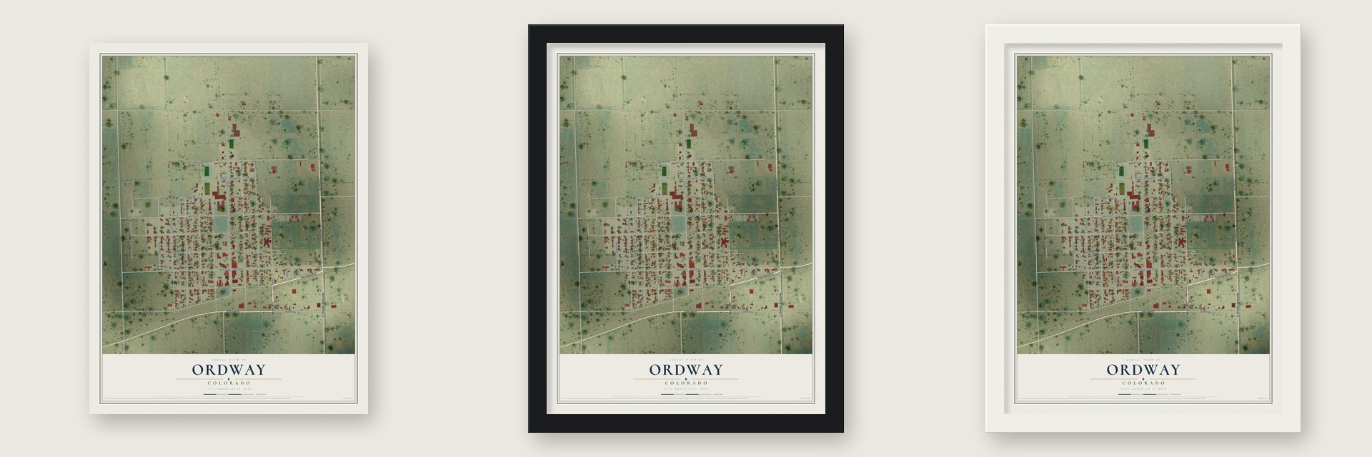 Ordway, Colorado map unframed, in a black wood frame and in a white wood frame