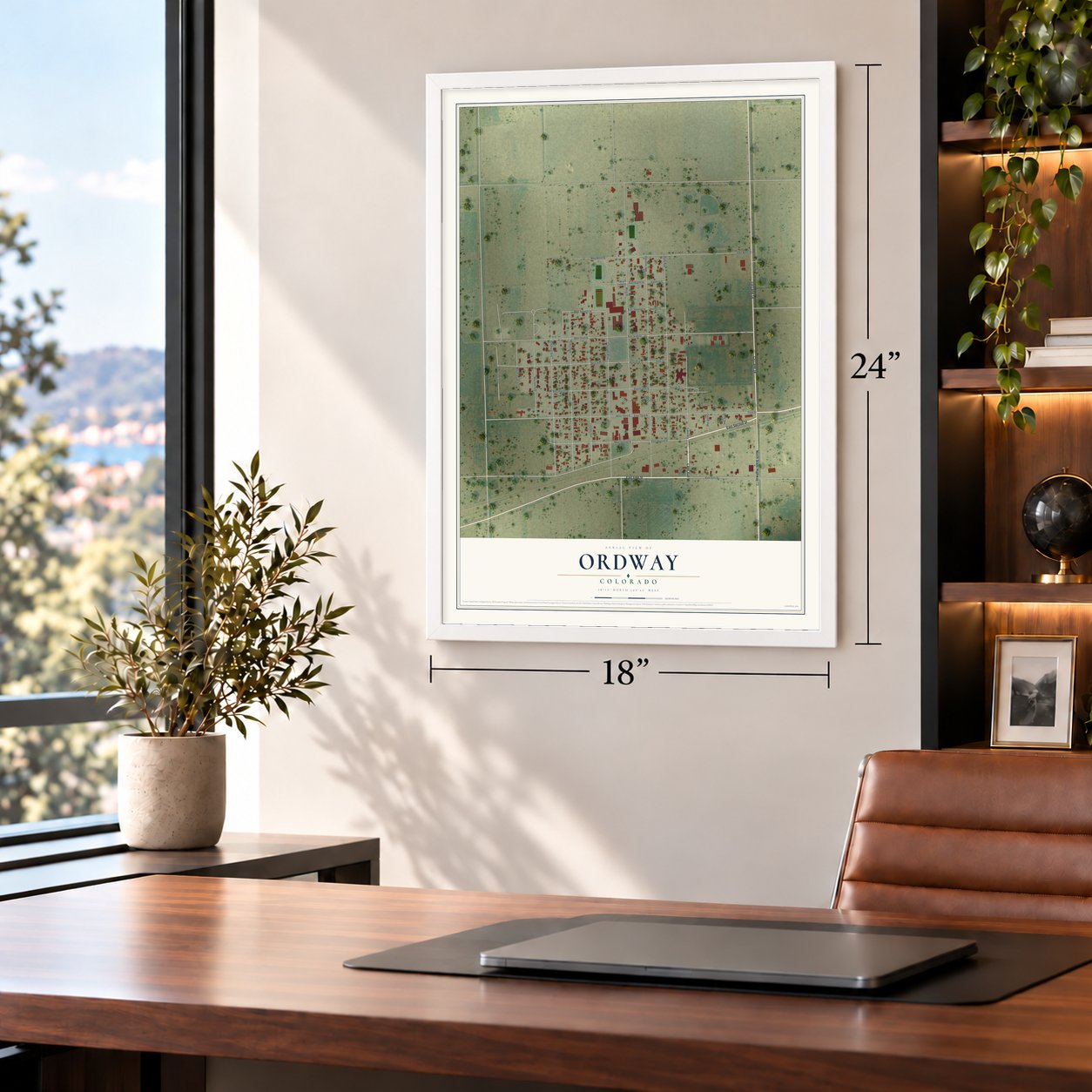 Ordway, Colorado map, 18 x 24 inch print in a white frame in a home office