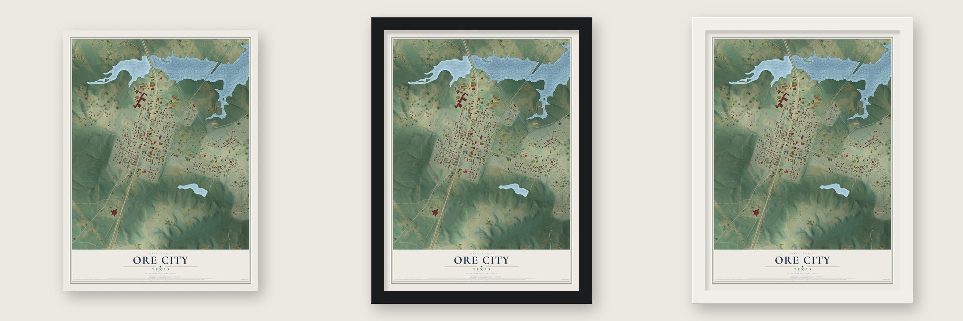 Ore City, Texas map unframed, in a black wood frame and in a white wood frame