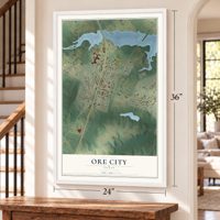 Ore City, Texas map, 24 x 36 inch print in a white frame by a staircase