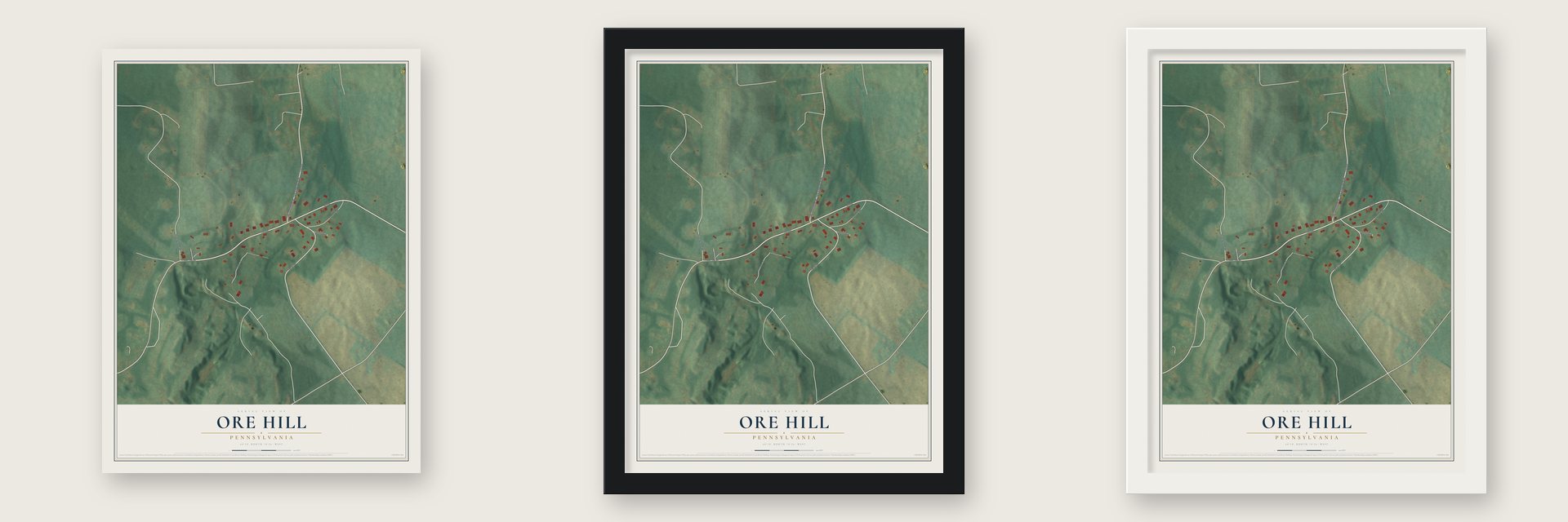 Ore Hill, Pennsylvania map unframed, in a black wood frame and in a white wood frame