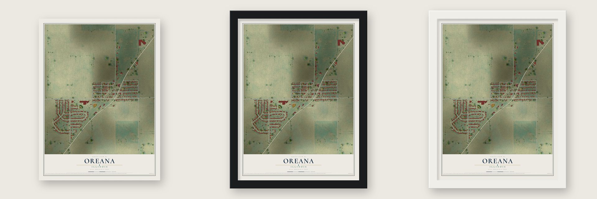 Oreana, Illinois map unframed, in a black wood frame and in a white wood frame