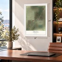 Oreana, Illinois map, 18 x 24 inch print in a white frame in a home office