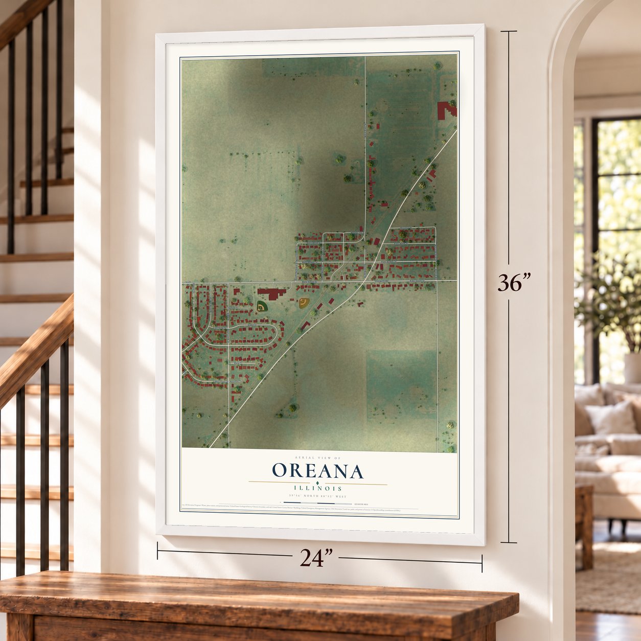 Oreana, Illinois map, 24 x 36 inch print in a white frame by a staircase