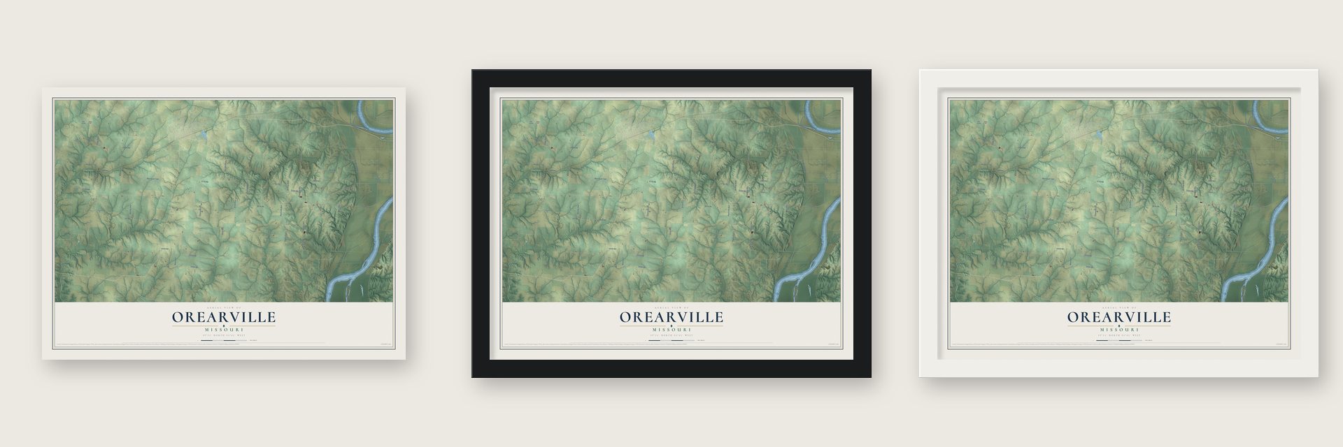 Orearville, Missouri map unframed, in a black wood frame and in a white wood frame