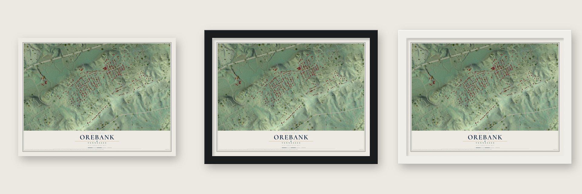 Orebank, Tennessee map unframed, in a black wood frame and in a white wood frame