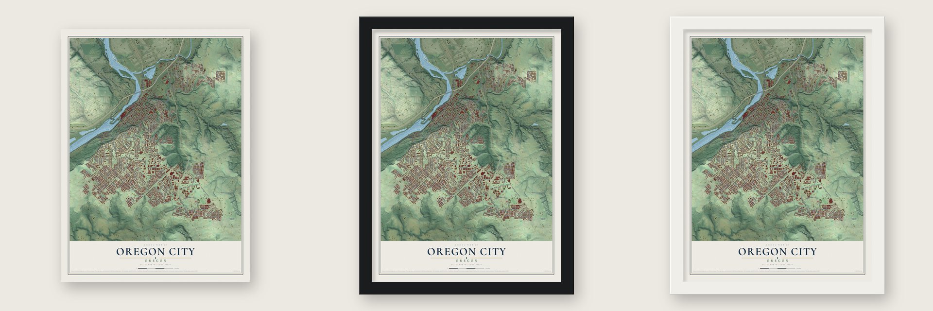 Oregon City, Oregon map unframed, in a black wood frame and in a white wood frame