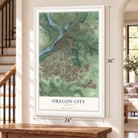 Oregon City, Oregon map, 24 x 36 inch print in a white frame by a staircase