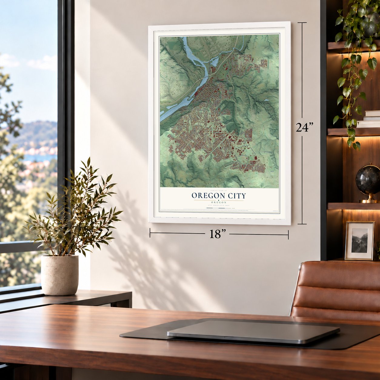 Oregon City, Oregon map, 18 x 24 inch print in a white frame in a home office