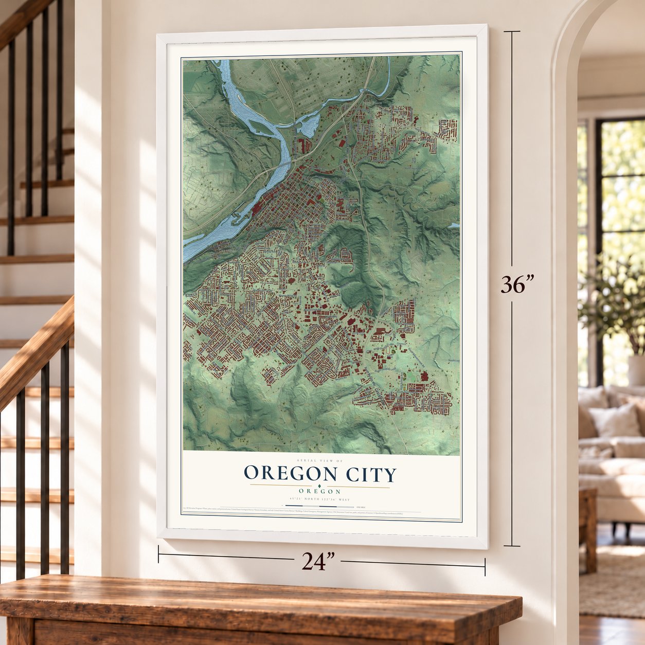Oregon City, Oregon map, 24 x 36 inch print in a white frame by a staircase