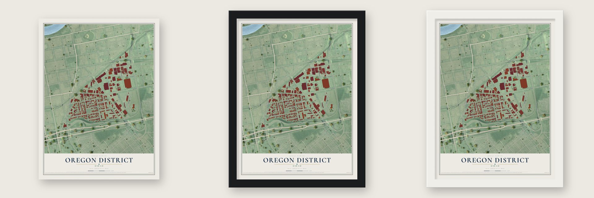 Oregon District, Ohio map unframed, in a black wood frame and in a white wood frame
