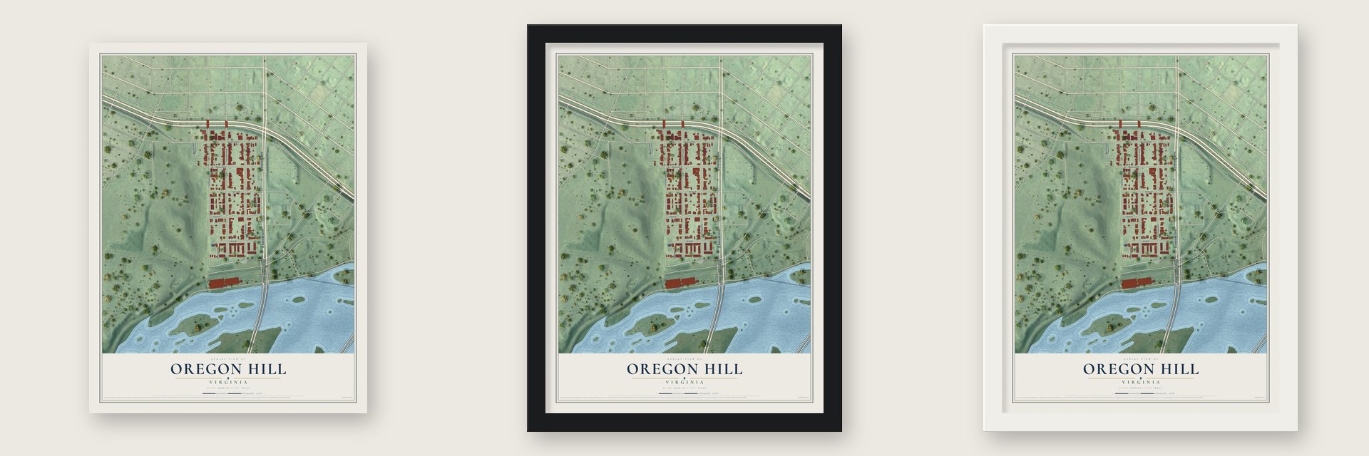 Oregon Hill, Virginia map unframed, in a black wood frame and in a white wood frame