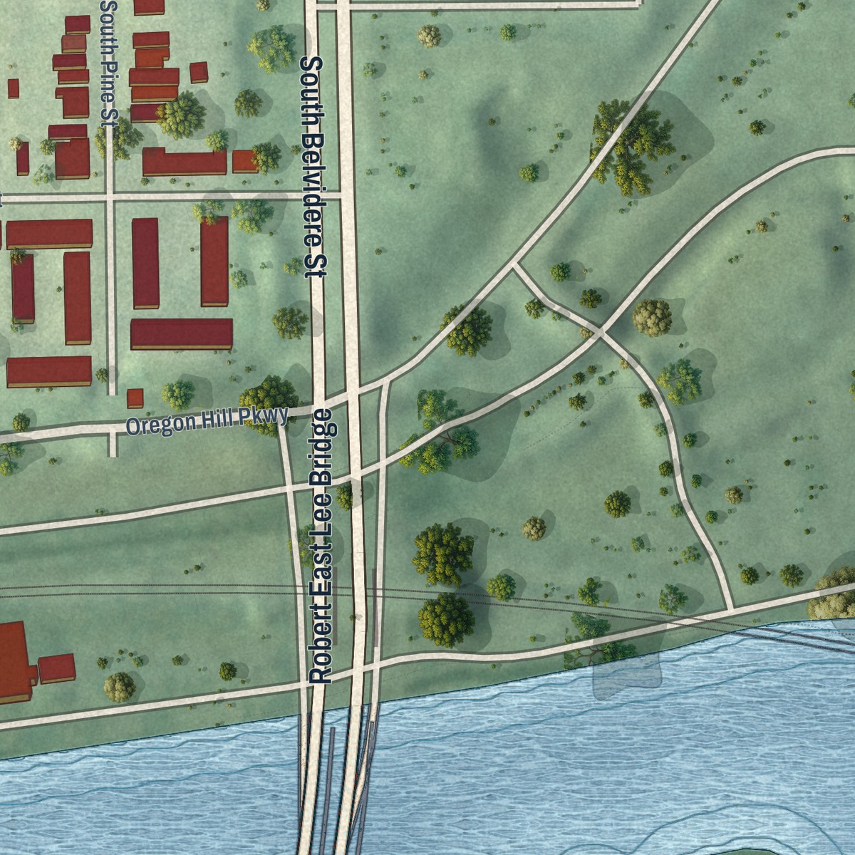 Second close-up of the map of Oregon Hill, Virginia print showing more streets and buildings