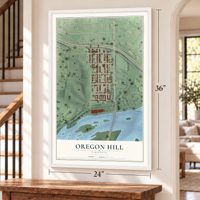 Oregon Hill, Virginia map, 24 x 36 inch print in a white frame by a staircase