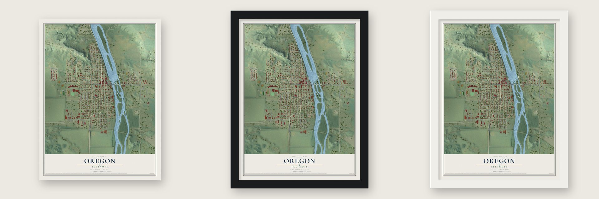 Oregon, Illinois map unframed, in a black wood frame and in a white wood frame