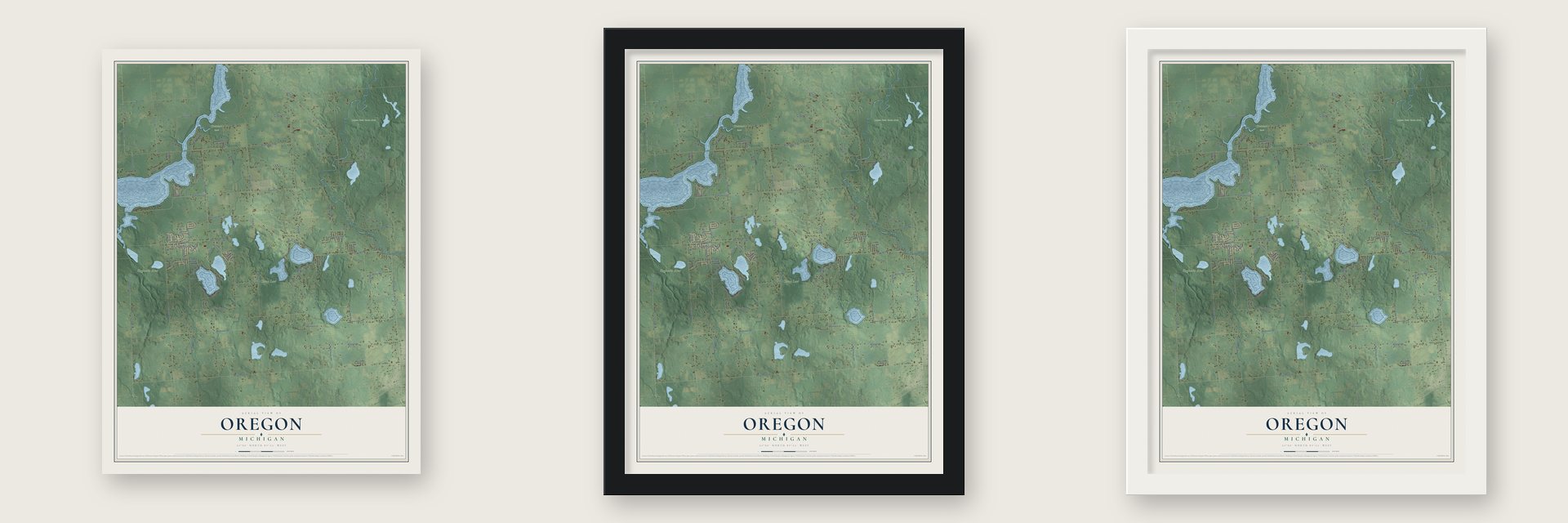 Oregon, Michigan map unframed, in a black wood frame and in a white wood frame