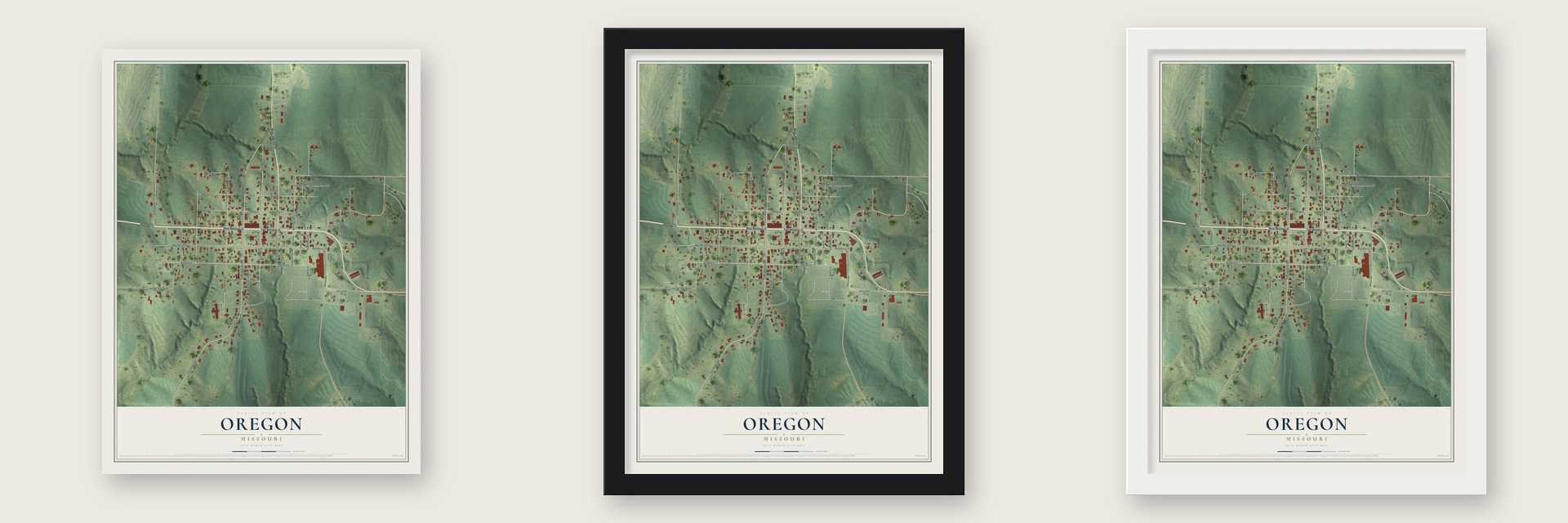 Oregon, Missouri map unframed, in a black wood frame and in a white wood frame