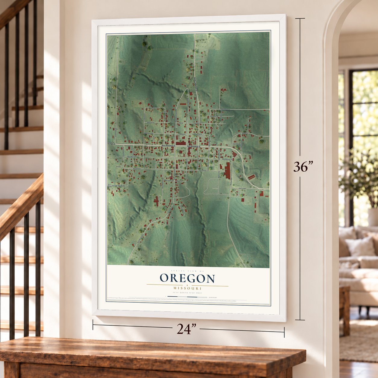 Oregon, Missouri map, 24 x 36 inch print in a white frame by a staircase
