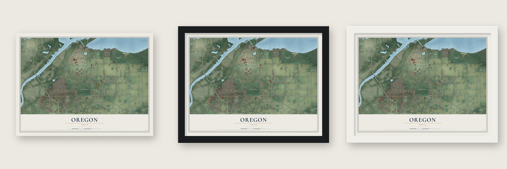 Oregon, Ohio map unframed, in a black wood frame and in a white wood frame