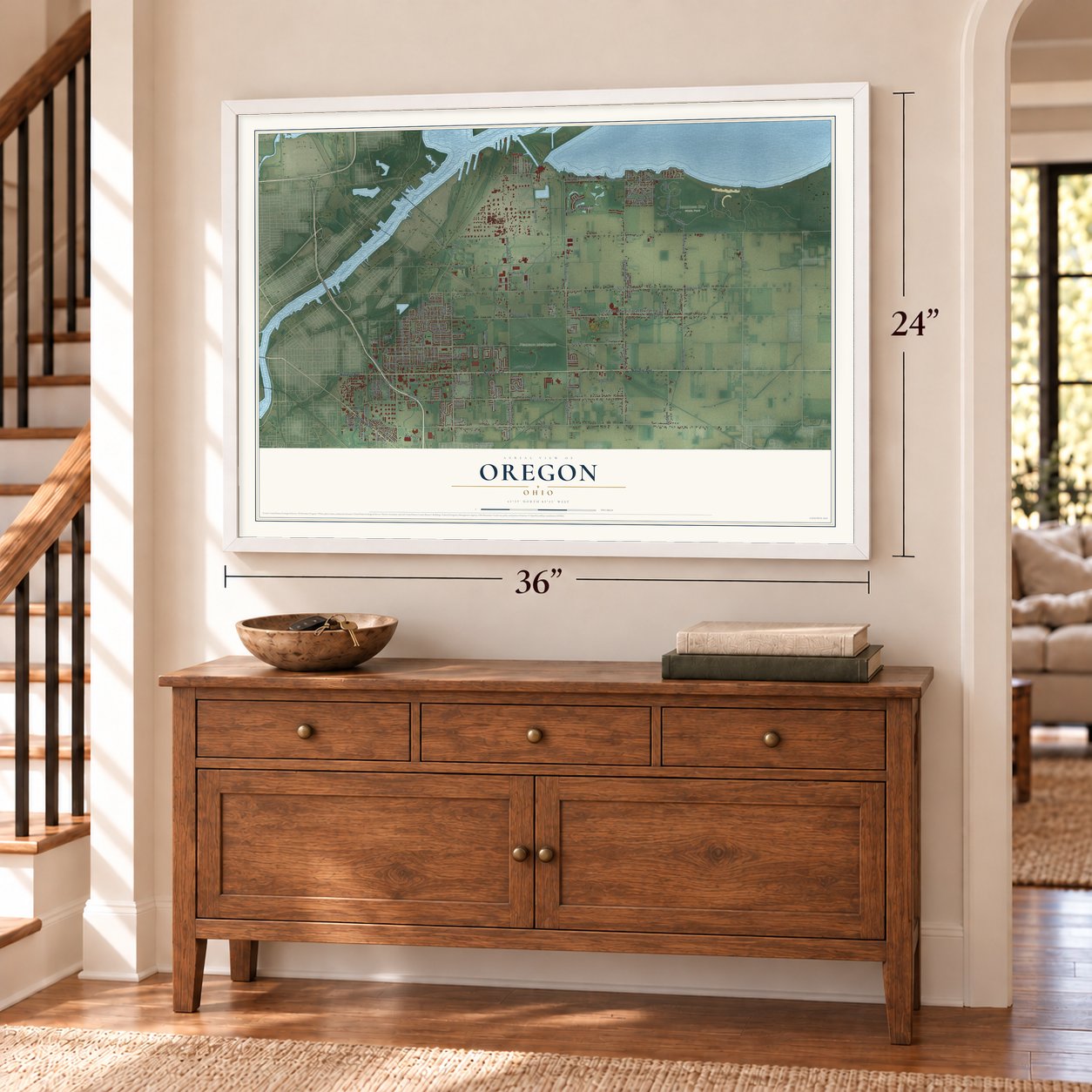 Oregon, Ohio map, 24 x 36 inch print in a white frame above a dresser by a staircase