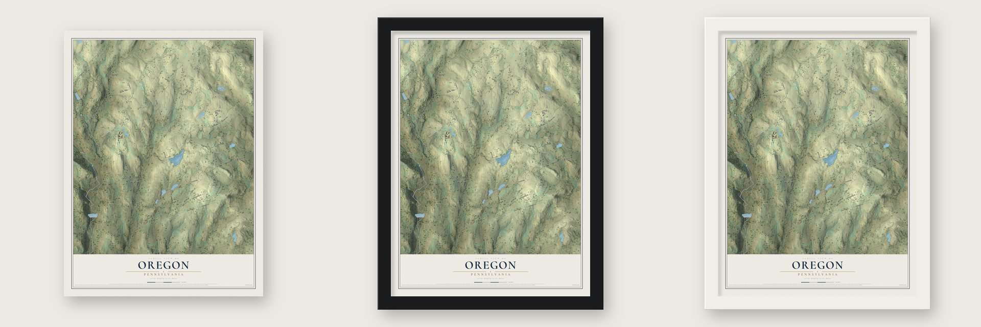 Oregon, Pennsylvania map unframed, in a black wood frame and in a white wood frame