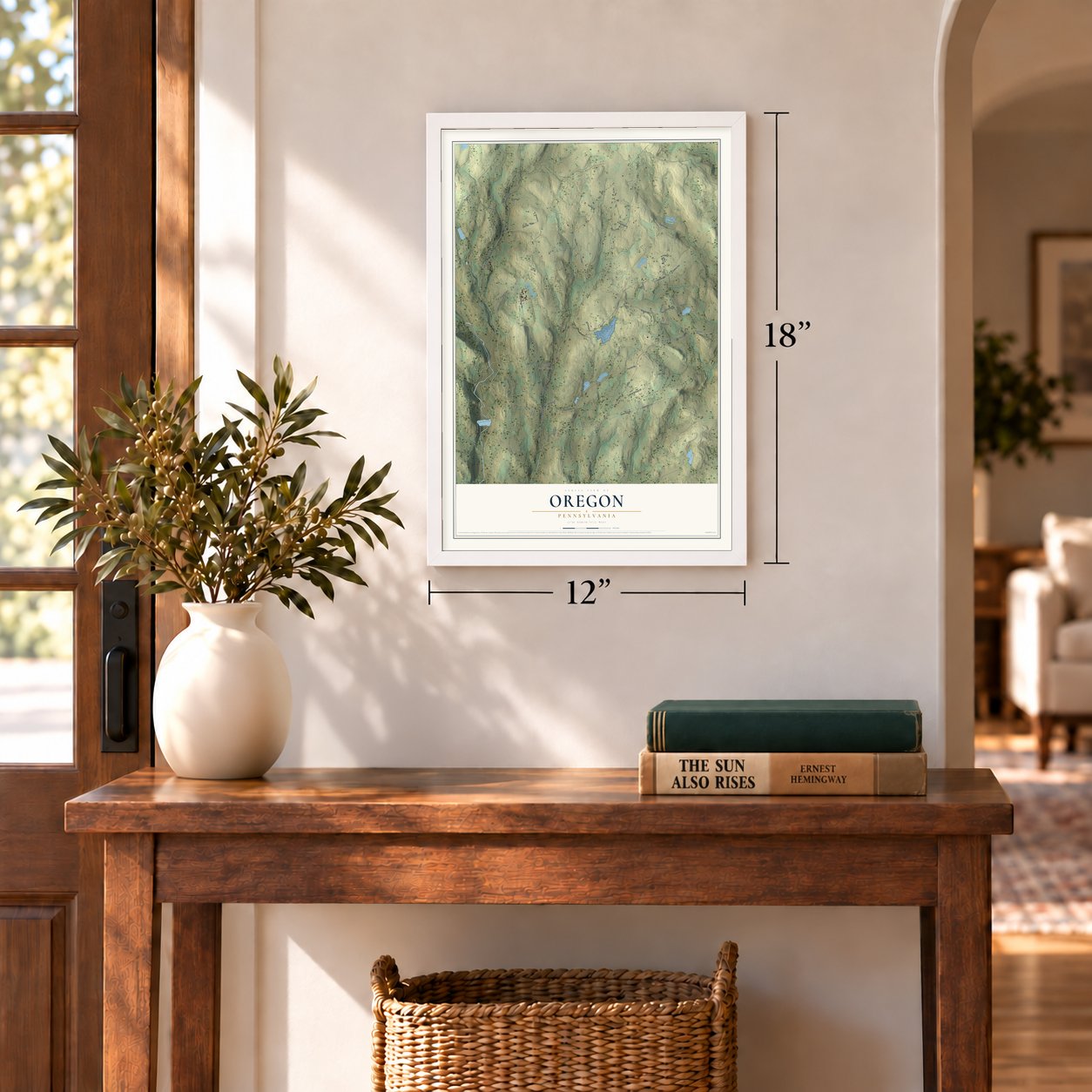 Oregon, Pennsylvania map, 12 x 18 inch print in a white frame in an entryway