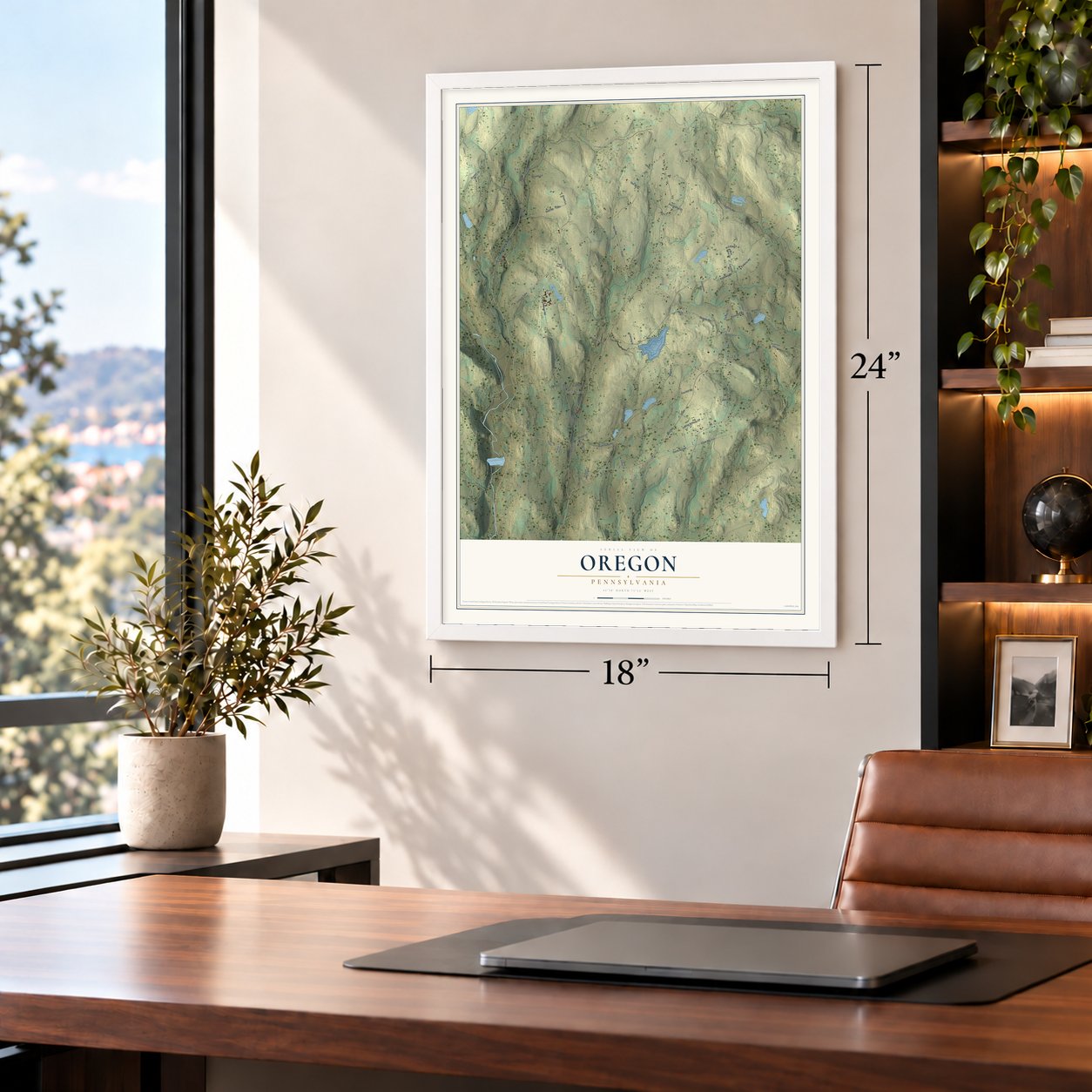 Oregon, Pennsylvania map, 18 x 24 inch print in a white frame in a home office